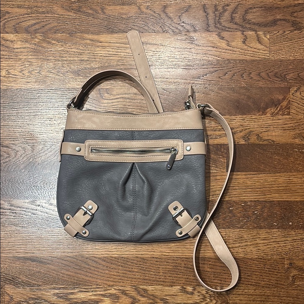 grey and tan purse